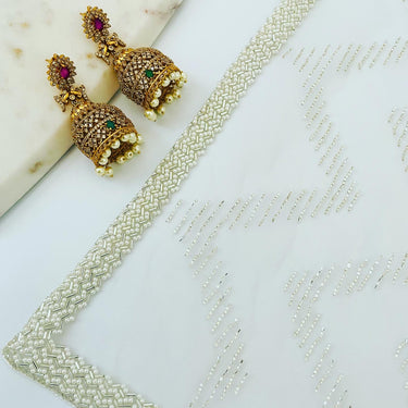 Handmade Premium Net Saree | Off-White | Hand Embroidery | Ships from California